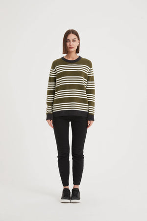 Stripe Contrast Knit - Dark Moss / Ivory