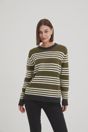 Stripe Contrast Knit - Dark Moss / Ivory