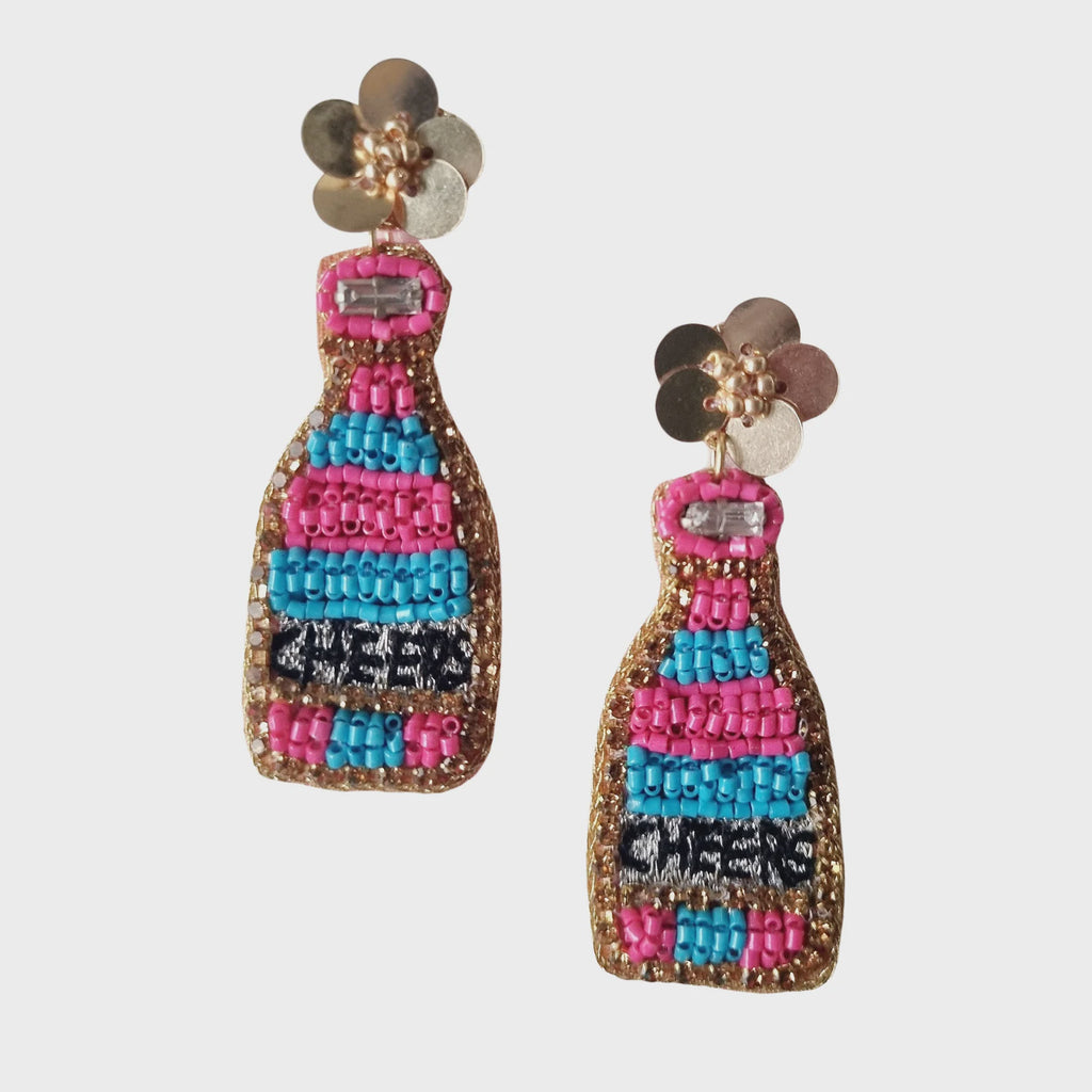 Beaded Cheers Champagne Bottle Earring Hot Pink