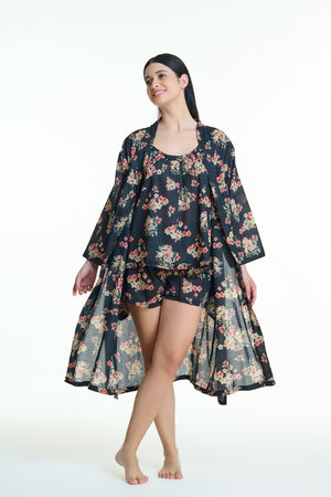 Arabella Dressing Gown Black Floral