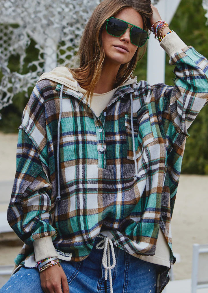 Vintage Flannel Check Hooded Sweat / Natural & Green