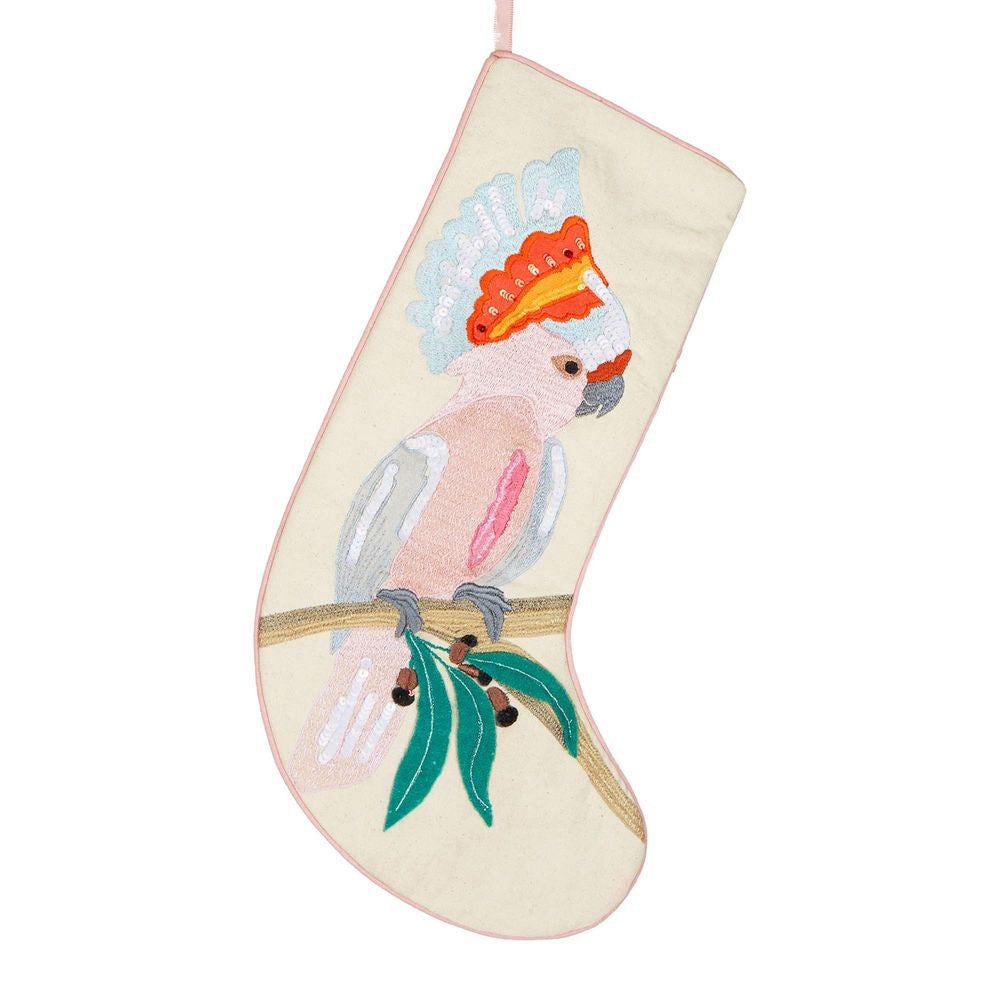 Pink Cockatoo Embroidered Stocking