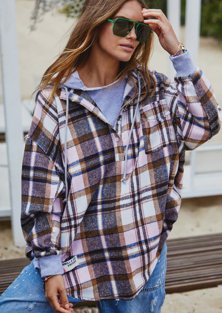 Vintage Flannel Check Hooded Sweat / Pink & Grey