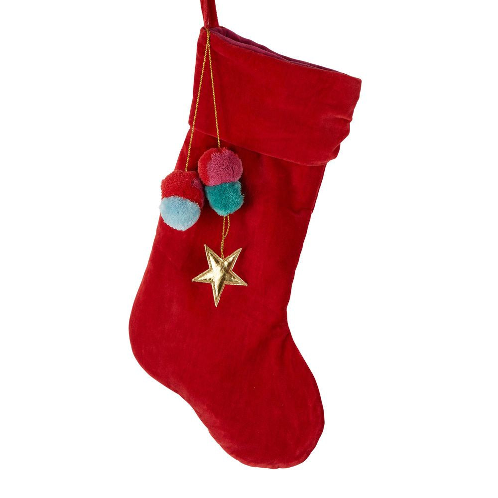 Ruby Red Velvet Pom Pom Stocking