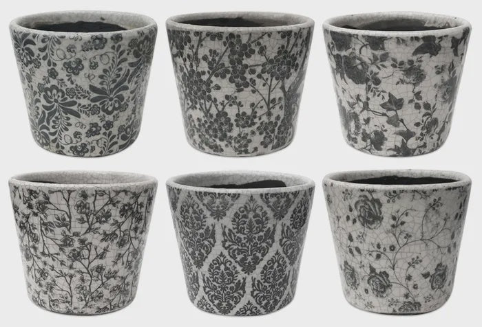 Vintage B&W Floral Planter Asst