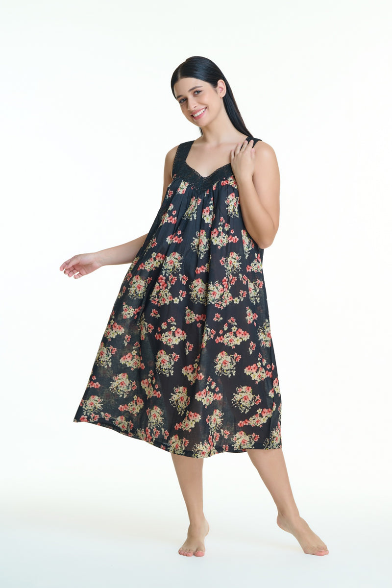 Arabella Lace V Neck Nightie Black Floral