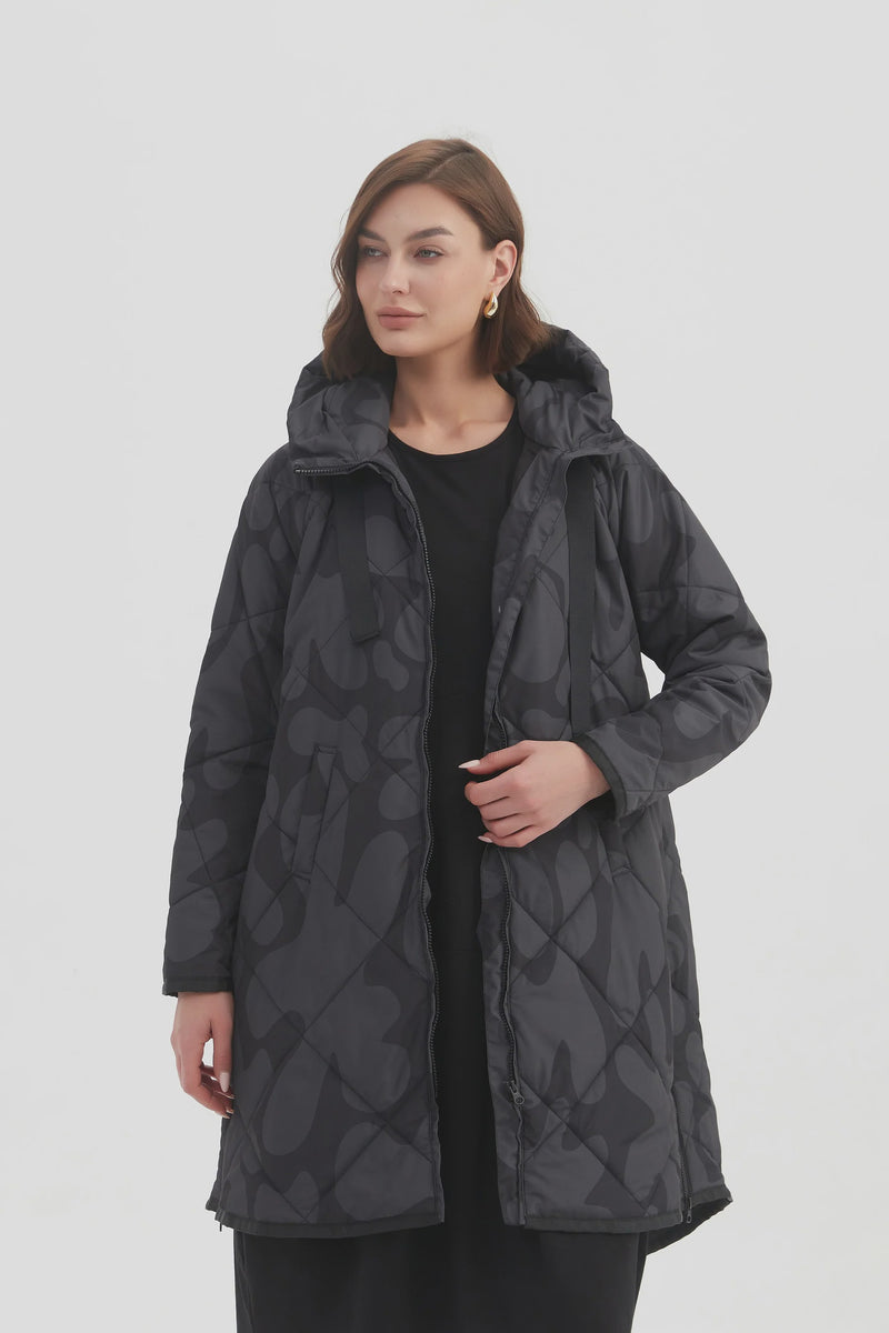 Print Zip Hem Winter Coat Charcoal Black