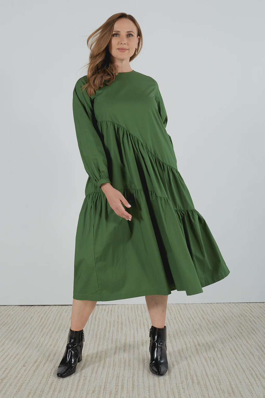 Long Sleeve Gather Dress/Deep Jade